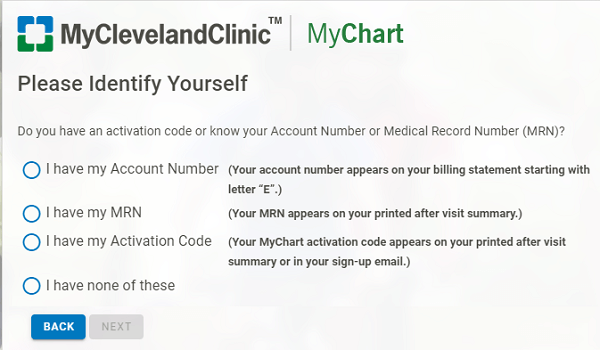 MyCleveland identification options