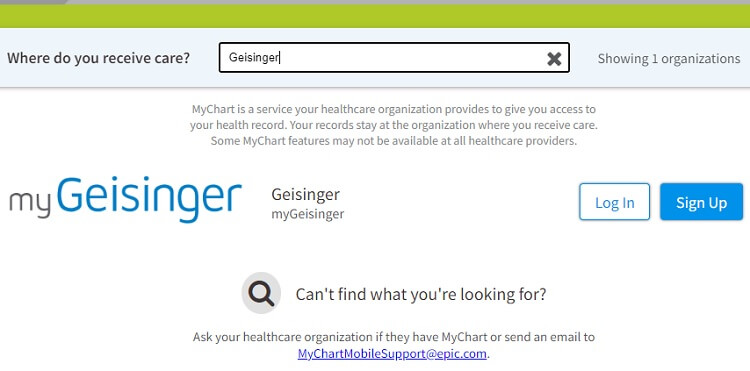 MyGeisinger search results on MyChart.com web portal