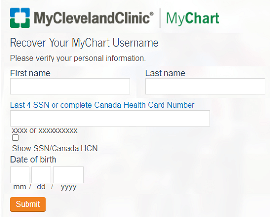 Mychart Cleveland Clinic username recovery form