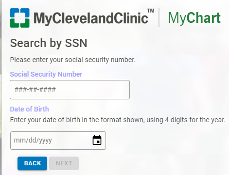 Mychart Cleveland clinic account verification by SSN