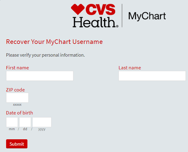 Mychart username recovery form for CVS Health