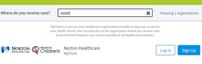 Norton Healthcare search results on MyChart.com website