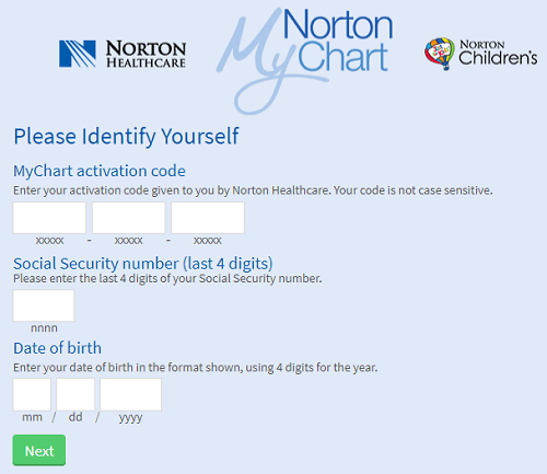 Norton Mychart sign up form