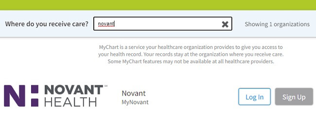 Novant search results on MyChart.com portal