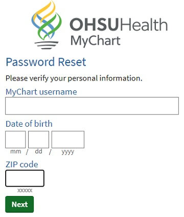 OHSU MyChart Password reset form