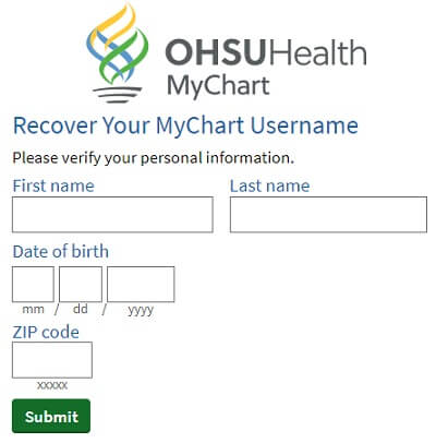 OHSU MyChart login recovery form