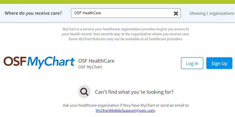 OSF Healthcare search results on the MyChart.com website