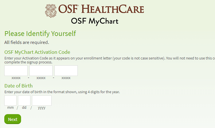OSF MyChart Sign Up form with activation code