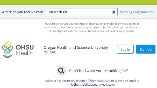Oregon Health and Science University search results on the MyChart.com portal