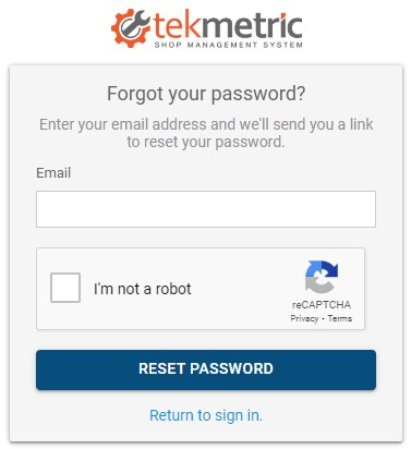 Password reset page on the Tekmetric website