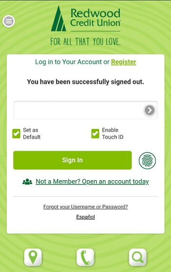 Redwood credit union mobile app login page