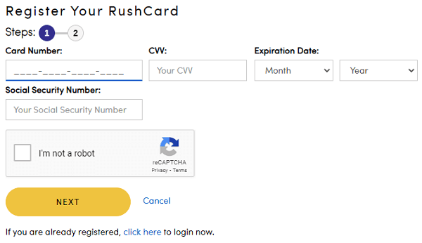 RushCard new account registration form