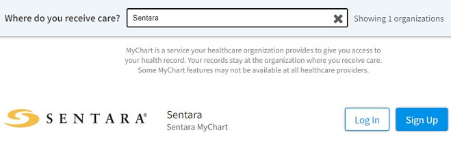 Sentara search results on MyChart.com website