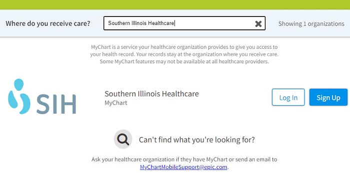 Southern Illinois Healthcare search results on the Mychart.com portal