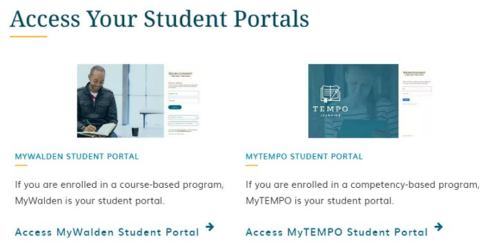 Student portal links on Walden.edu website