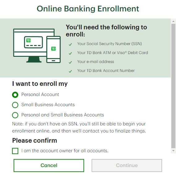 TD online banking enrollment pop up