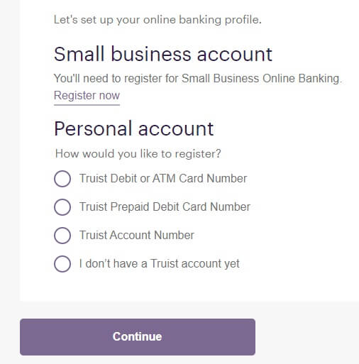 Truist online banking enrollment page