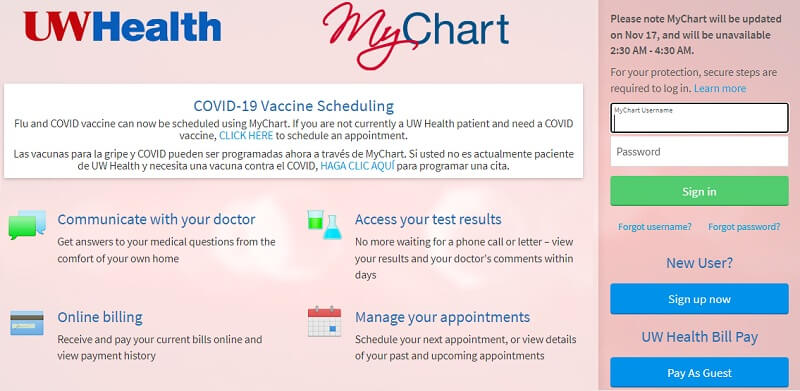 UW Health Mychart login page