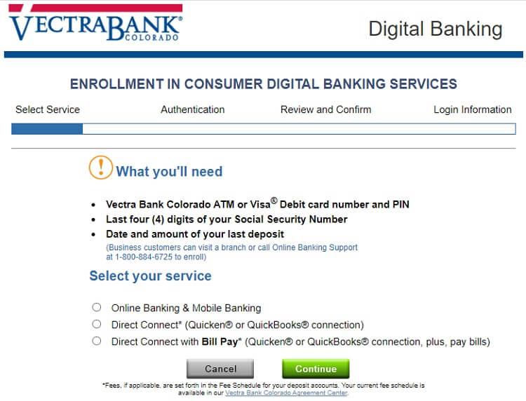 Vectra bank digital banking enrollment page