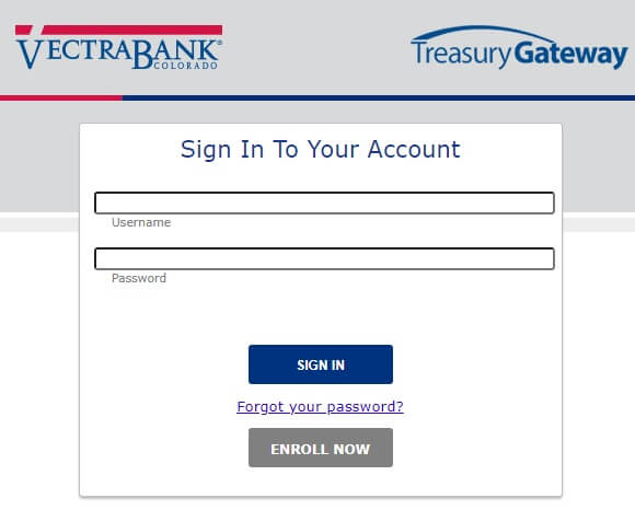Vectra bank treasury gateway login page