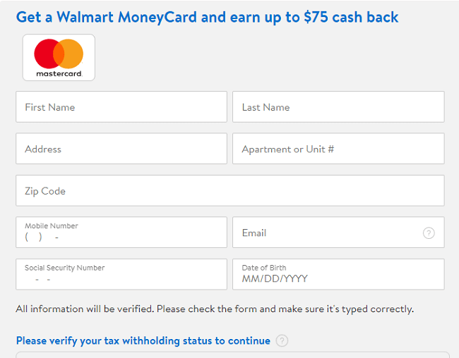 Walmart Money Card online application form
