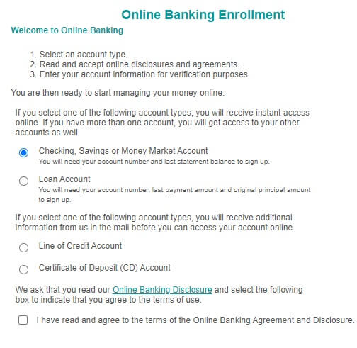 Wesbanco online banking enrollment options page