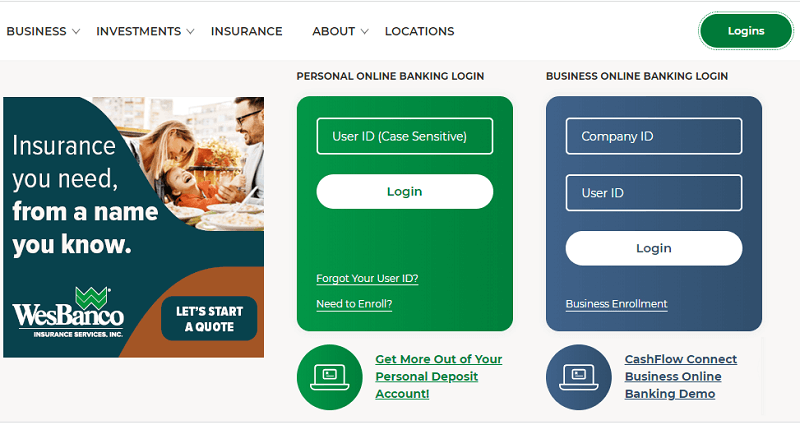 Wesbanco personal and business online banking login page