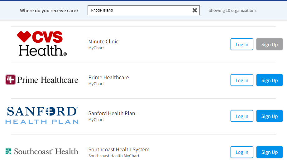 login, signup options for Rhode Island on Mychart search page