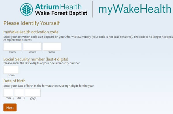 myWakeHealth activation page
