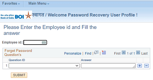 BOI HRMS password recovery form