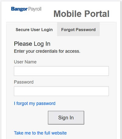 Bangor ESS Payroll mobile login page