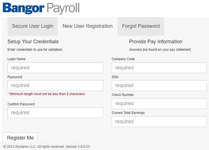 Bangor Payroll self service registration page