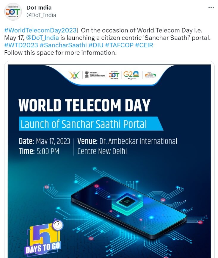 DOT India tweeted about the launch of Sanchar Saathi portal