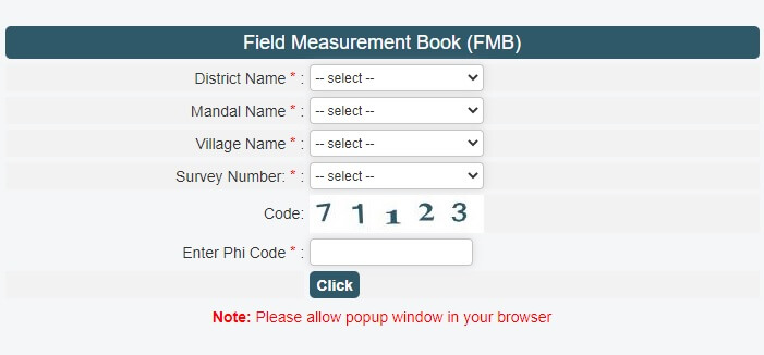 Field Measurement Book search form on the Meebhoomi portal