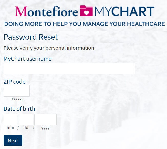 My Montefiore Chart Password reset page