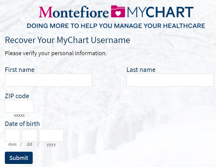My Montefiore Chart Username recovery page