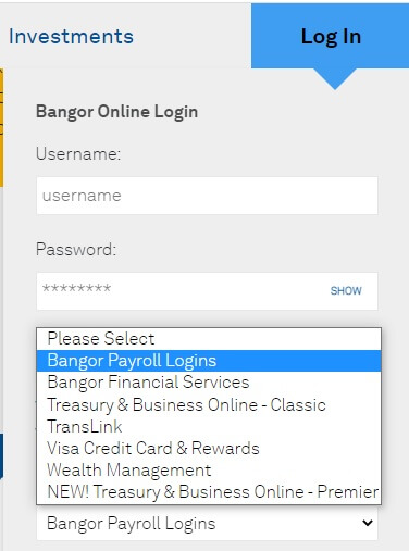 Payroll login selection on the Bangor website