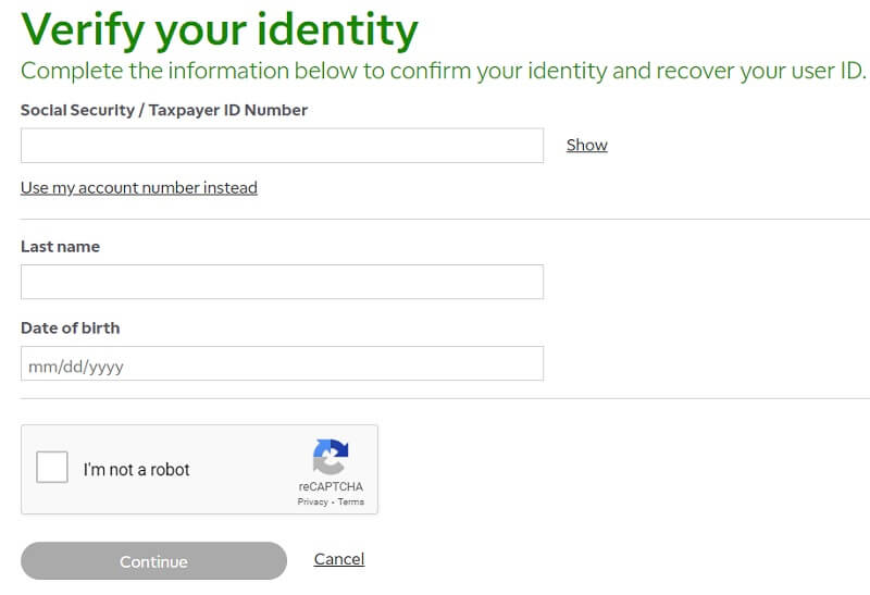 TD Ameritrade user ID recovery page