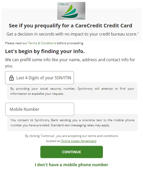 carecredit online prequalify check form