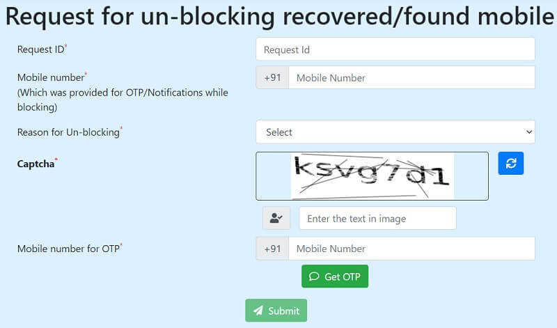 online request form to unblock recovered mobile phone