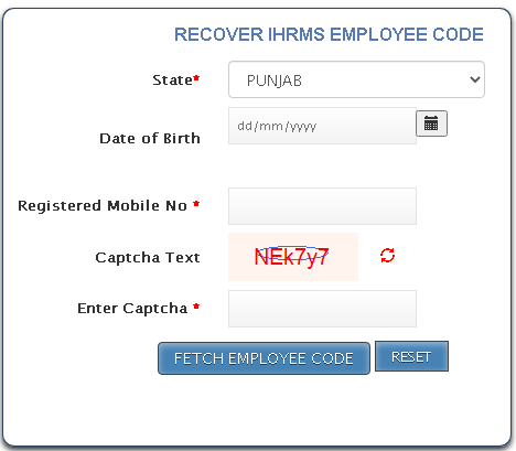 recover ehrms employee code punjab