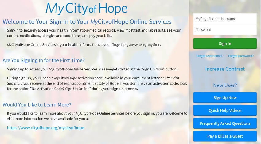 MyCityOfHope login page