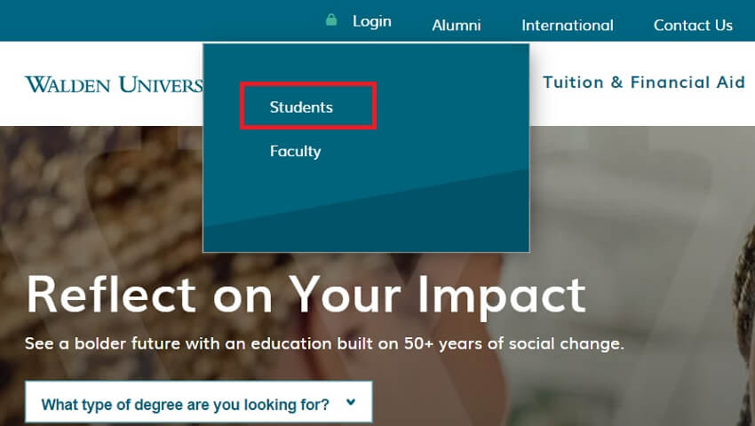 Student login link on Walden University homepage