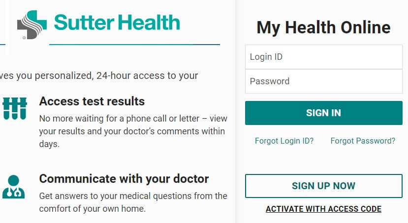 Sutter My Health Online login page