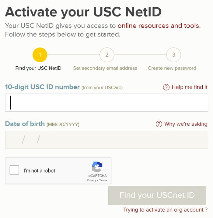 USC NetID activation page