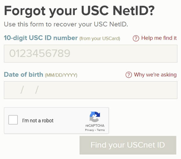 USC NetID recovery page