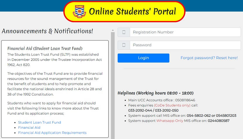 University of Cape Coast Students' Portal login page