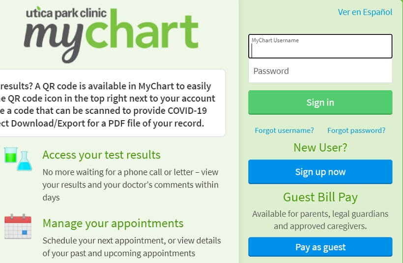 Utica Park Clinic My Chart Login page